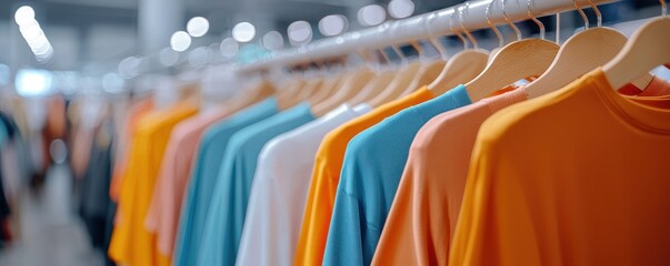 Colorful t-shirts hanging on a rack in a modern clothing store.