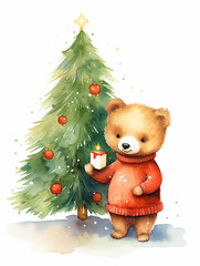 Sticker - A bear is reaching for a star on top of a Christmas tree. The bear is wearing a red sweater and he is happy