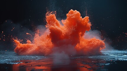 Poster - Vibrant orange smoke explosion creates dramatic visual effect in dark ambiance during a creative art project