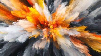 Poster - A vibrant explosion of colors with swirling orange, yellow, and gray patterns creating an abstract display against a dark background
