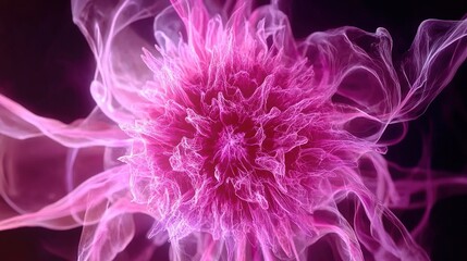 Poster - A vibrant, abstract illustration of a glowing pink virus cell surrounded by wispy light on a dark background at night