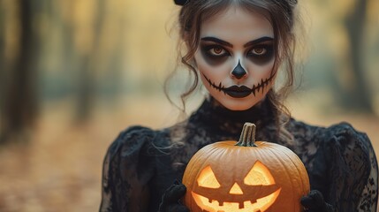 Portrait of woman at Halloween party as dead witch with funny and silly expression on her face. Young woman with bloody make-up holds glowing pumpkin covered with spider webs on orange background