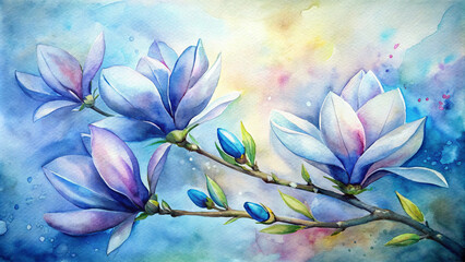 blue spring magnolia flowers branch background