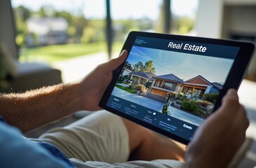Wall Mural - a real estate agent showing a tablet to their customer with the app's ui visible on screen, displayi