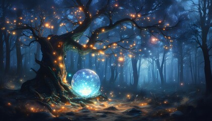 Wall Mural - Enchanted slumber beneath a mystical tree adorned with glowing dream orbs in a serene night forest