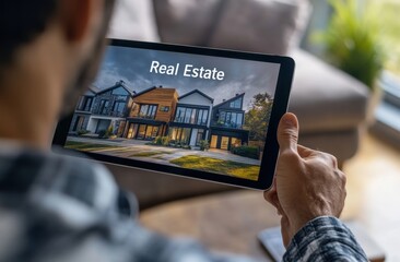 Wall Mural - a real estate agent is showing a tablet with the text 
