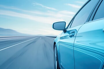 Blue car driving on open road under bright sky, motion blur effect.