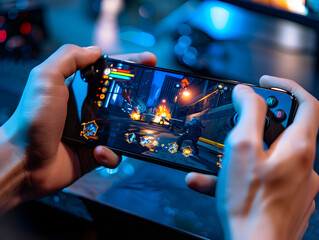 Wall Mural - a person playing mobile games on a smartphone with a specialized gaming feature.
