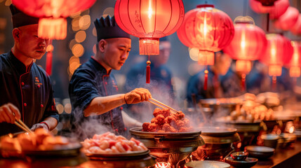 Chinese New Year Food Festival: Chefs prepare delicious dishes under glowing red lanterns. A vibrant scene of culinary artistry and festive celebration.