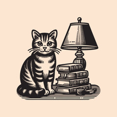 Canvas Print - Tabby cat and books. Lamp on the table. Vintage engraving vector black illustration, isolated object cut out