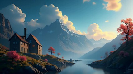 Wall Mural - A mountain range with a house and a lake in the foreground