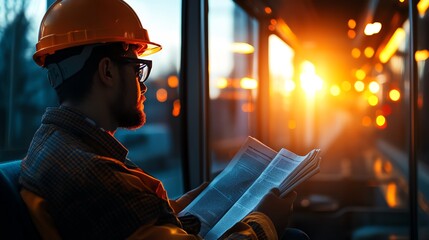 A construction worker in a hard hat reads a newspaper while riding on a bus, illuminated by the warm glow of the setting sun in the background.