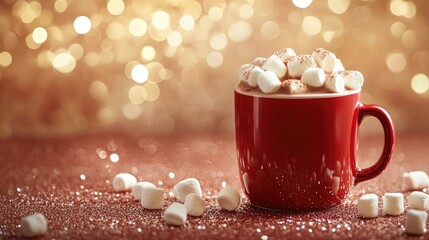 Festive banner featuring a red mug filled with hot chocolate and marshmallows against a sparkling background with ample space for text