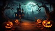© tetxu - halloween scene horror background with creepy pumpkins of spooky halloween haunted mansion Evil houseat night with full moon