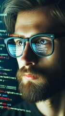 Vertical shot of Close up of Software Engineer Working on Computer with codes on screen and glasses for information technology