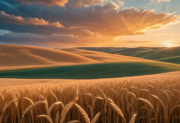 Wall Mural - A vast golden wheat field stretching across rolling hills, with a dramatic sunset sky in the background