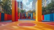 © CinimaticWorks - colorful basketball court in an urban park providing an empty playground space for outdoor fitness and recreational activities in a public city environment
