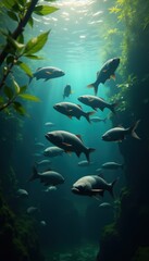 Naklejka na meble Explore the serene underwater world with a school of fish swimming gracefully amidst lush greenery and beams of light, perfect for ocean-themed projects.