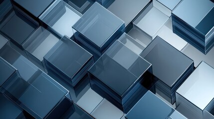 Poster - Blue and grey glossy squares abstract tech banner design. Modern abstract blue background design with layers of transparent material in square shapes in random geometric patterns.