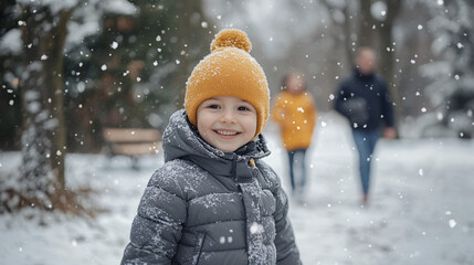 Happy child enjoying a snowy winter day, dressed in a warm coat and beanie, with snowflakes falling and family walking in the background, joyful seasonal outdoor adventure