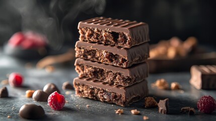 Wall Mural - A stack of four dark chocolate bars with raspberries and chocolate chips scattered around them.