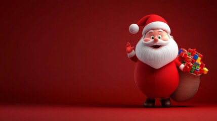 A cartoonish Santa Claus is holding a bag of presents and smiling