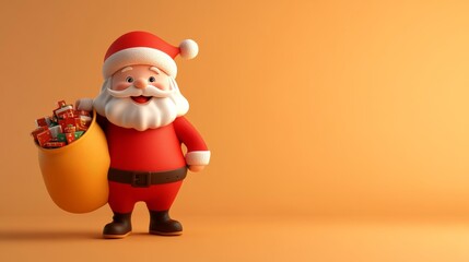 A cartoonish Santa Claus holding a large bag of presents