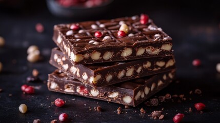 Wall Mural - A stack of three chocolate bars with white chocolate, nuts, and pink peppercorns.