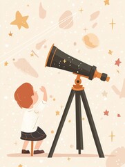 Wall Mural - a young child gazing through a telescope, surrounded by whimsical stars and planets, evoking curiosi