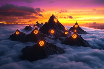 Aufkleber - A surreal landscape where mountains rise from the clouds, each peak crowned with a glowing clock. The sky is a mix of orange, purple, and pink, as the sun sets and fills the air with warm light