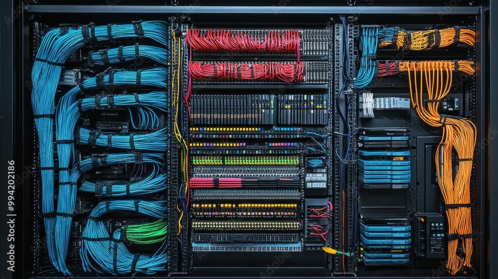 Network rack wiring diagram in blueprint style, color-coded cables
