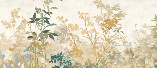 Poster - Chic wallpaper design featuring intricate details of trees flowers and reeds in soft colors high quality illustration