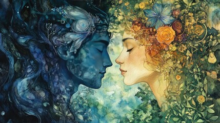 Watercolor painting of a love story featuring deities and nature