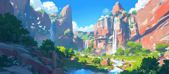 Wall Mural - Summer canyon waterfall painting capturing the beauty of a natural landscape