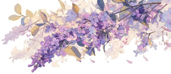 Artwork featuring vibrant lilac branches against a pure white background Blooming lilac flowers create a stylish floral design suitable for murals cards postcards and wallpapers