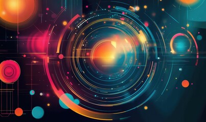 Poster - Dynamic circular frames with drop circles illustrating AI technology and science in a vibrant 2D cartoon style complemented by musical elements