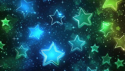 Poster - Light blue and green 2D cartoon template featuring neon stars Decorative illustration filled with stars on an abstract background Ideal design for advertisements posters and banners