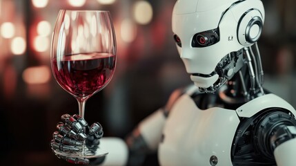Poster - A humanoid robot is holding a glass of red wine