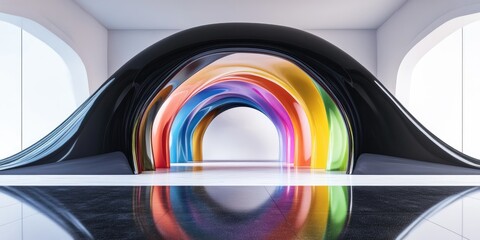 Poster - Abstract interior featuring a glossy rainbow sculpture with black accents Minimalist architectural backdrop 3D illustration and rendering
