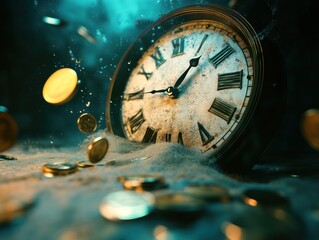 Golden roman numeral clock with coins on sandy surface