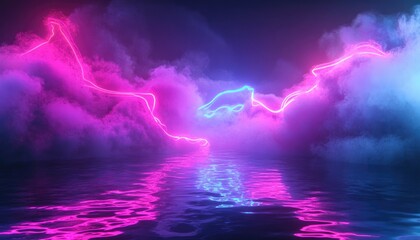 Poster - Vibrant neon light effects and energy waves set against a dark abstract backdrop Colorful laser display with light reflections on water accompanied by smoke and fog 3D illustration