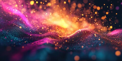 Poster - Colorful abstract particles in a 3D rendered background creating a vibrant and dynamic visual experience