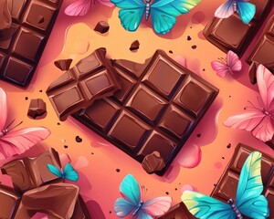 Vibrant 2D cartoon backdrop featuring chocolate bars and playful butterflies