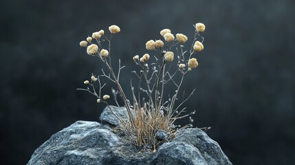 Canvas Print - Dried Flowers on a Grey Rock - Minimalist Nature Photography