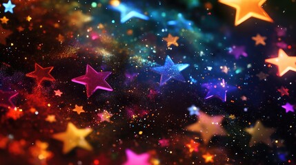 Wall Mural - colorful sparkling stars scattered across a black space in a vibrant 3d illustration
