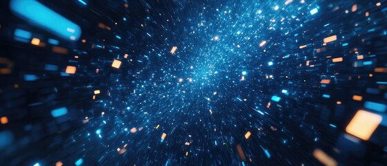 Poster - abstract blue digital technology backdrop featuring a multitude of randomly arranged glowing rectang