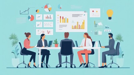 Poster - flat illustration of a business team planning their goals and strategies for the future