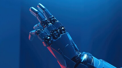 Poster - Foto einer Roboterhand, die auf einen leeren Raum zeigt, blauer Hintergrund. Webbanner mit Copyspace, Konzept Digitalisierung, Robotik