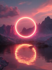 Poster - Fantasy 3D render featuring a mystical landscape with mountains and water complemented by an abstract wallpaper showcasing a round geometric shape and a glowing neon ring during sunset or sunrise