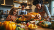 © esp2k - A woman is cooking a turkey with her two children in the kitchen